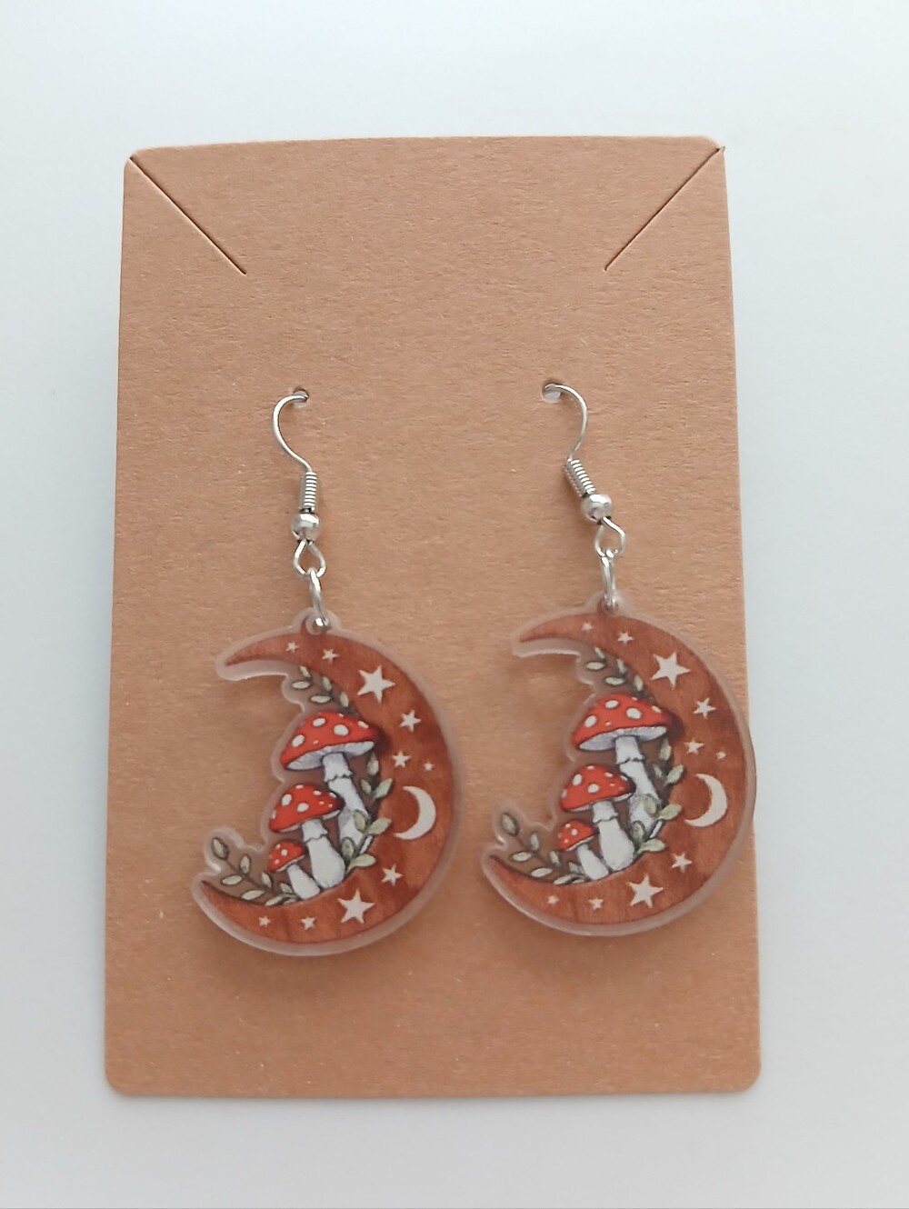 Fashion Jewelry Brown Crescent Moon Mushroom Dangle Earrings